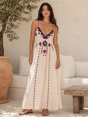 ba&sh Poeme Embroidered Organic Cotton Maxi Dress Ecru Size 3 | INT L | US 8 NWT